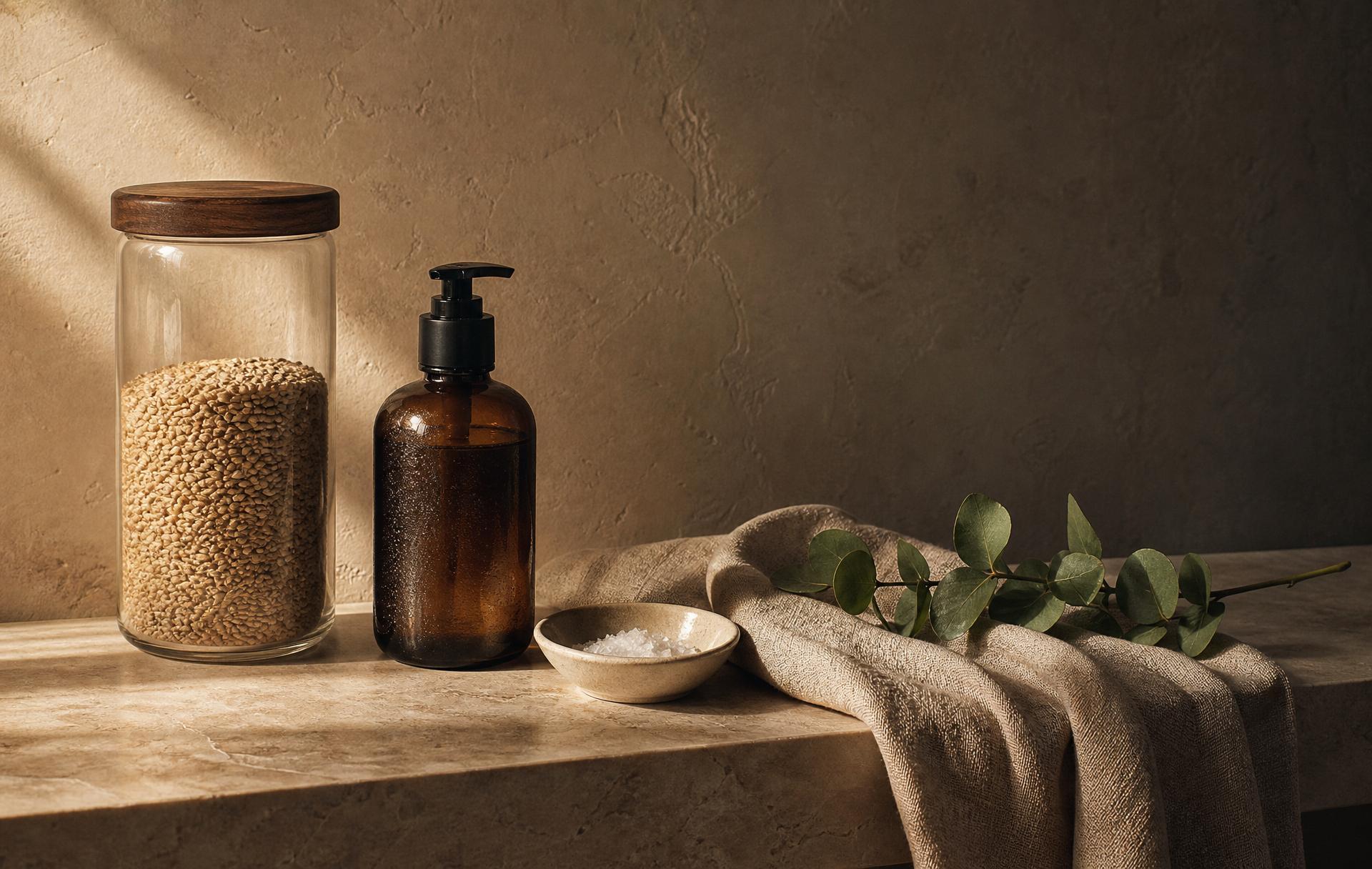 A warm still life: a crystal apothecary jar, an amber pump bottle, folded linen, and a sprig of eucalyptus on cream marble in golden side light